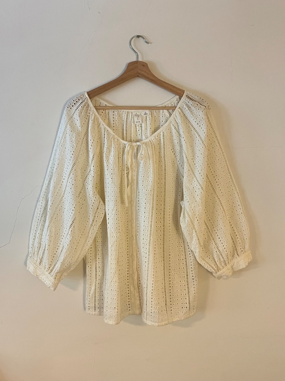 Joie Ivory Eyelet Lace Peasant Blouse Tie Neck